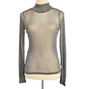Vintage XOXO Sheer Mesh Mock Neck LS Shirt Black Silver Lurex  Women's Y2K M